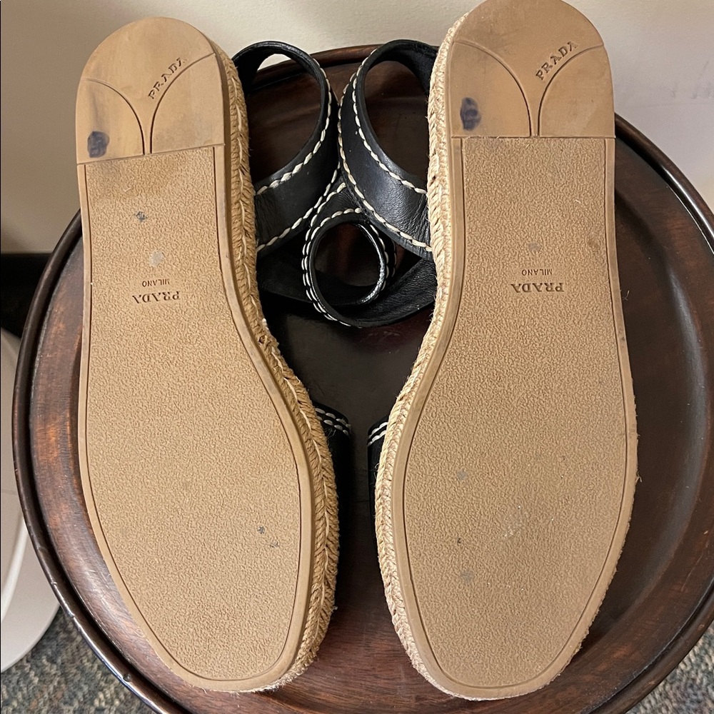 Prada Vitello Montana Logo Espadrille Sandals in Black.Sz 6.5. Stylish & Comfy - Picture 2 of 7